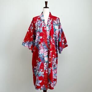 Smithsonian Institution Red Floral 100% Cotton Kimono Yukata Japanese Robe LARGE